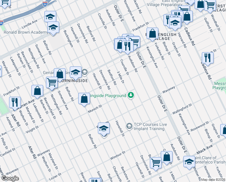 map of restaurants, bars, coffee shops, grocery stores, and more near 4635 Bedford Road in Detroit