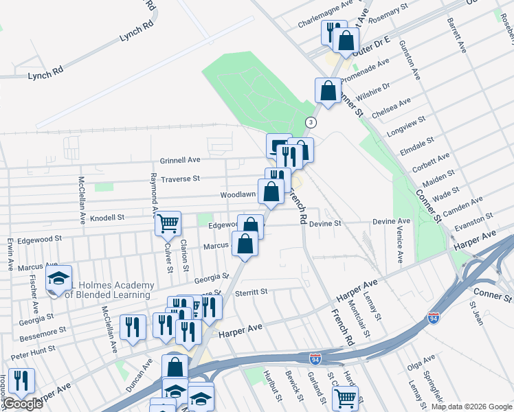 map of restaurants, bars, coffee shops, grocery stores, and more near 10215 Knodell Street in Detroit