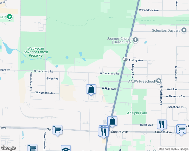 map of restaurants, bars, coffee shops, grocery stores, and more near 13080 Tyler Avenue in Waukegan