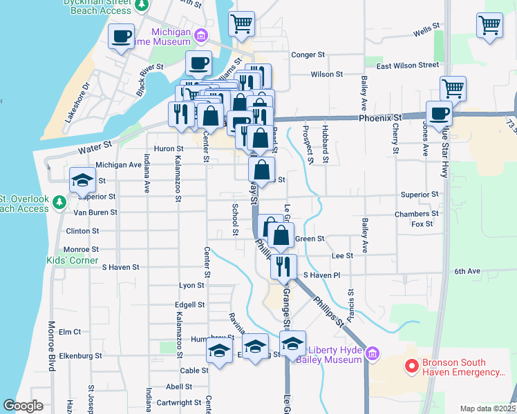 map of restaurants, bars, coffee shops, grocery stores, and more near 519 Broadway Street in South Haven