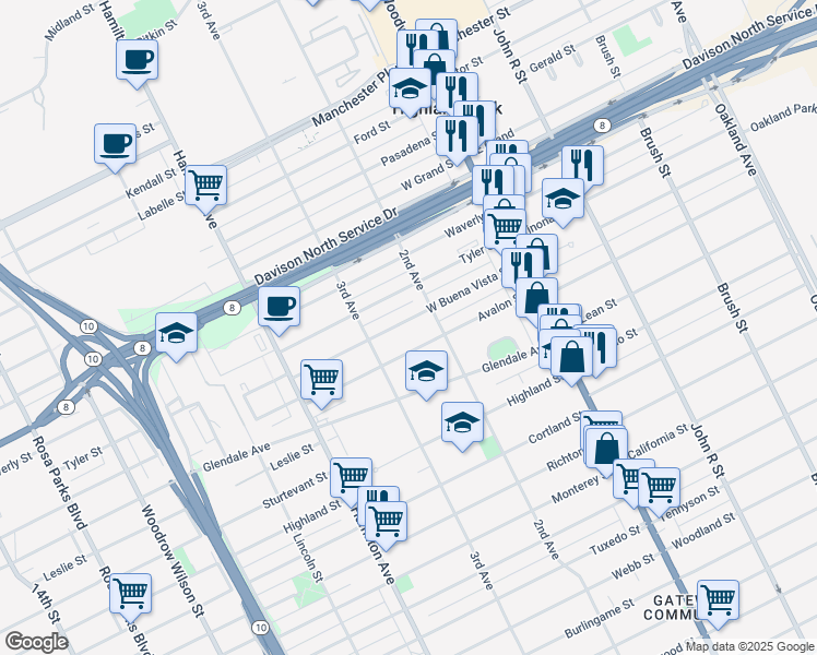 map of restaurants, bars, coffee shops, grocery stores, and more near 129 West Buena Vista Street in Highland Park