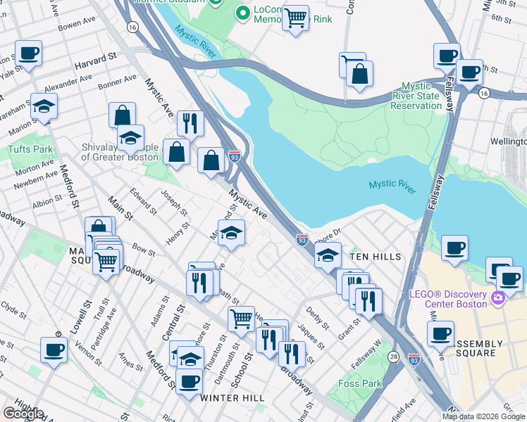 map of restaurants, bars, coffee shops, grocery stores, and more near in Somerville