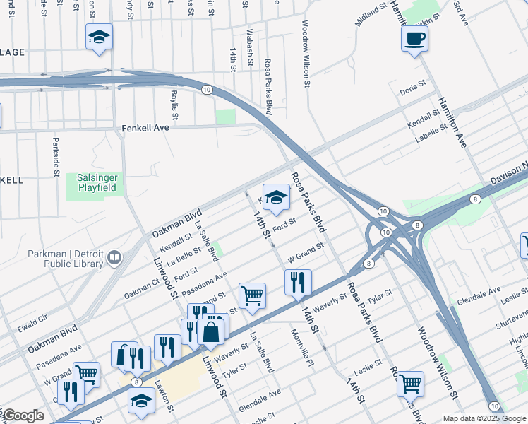 map of restaurants, bars, coffee shops, grocery stores, and more near 2036 La Belle Street in Detroit