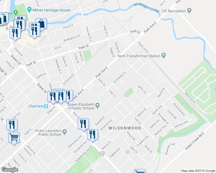 map of restaurants, bars, coffee shops, grocery stores, and more near 39 Peter Street in Chatham-Kent