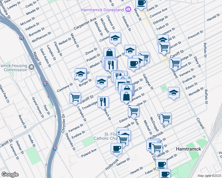 map of restaurants, bars, coffee shops, grocery stores, and more near 2730 Caniff Street in Hamtramck