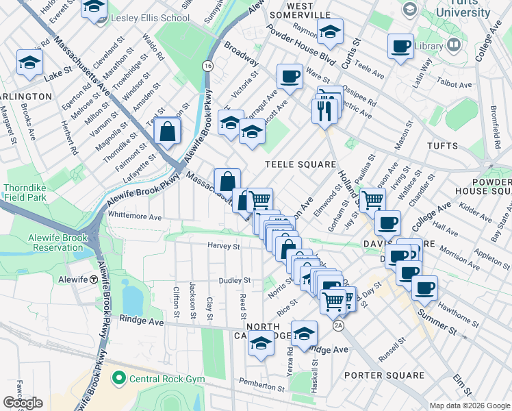 map of restaurants, bars, coffee shops, grocery stores, and more near 2473 Massachusetts Avenue in Cambridge