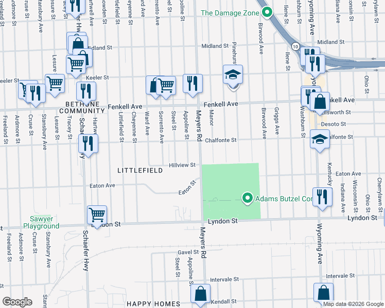 map of restaurants, bars, coffee shops, grocery stores, and more near 14904 Appoline Street in Detroit