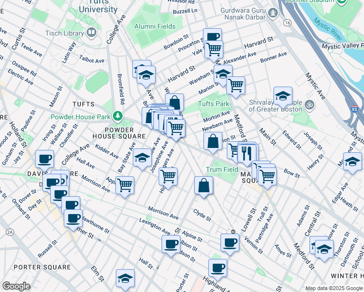 map of restaurants, bars, coffee shops, grocery stores, and more near in Somerville