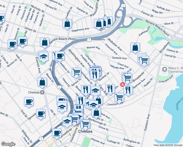 map of restaurants, bars, coffee shops, grocery stores, and more near 183 Washington Avenue in Chelsea