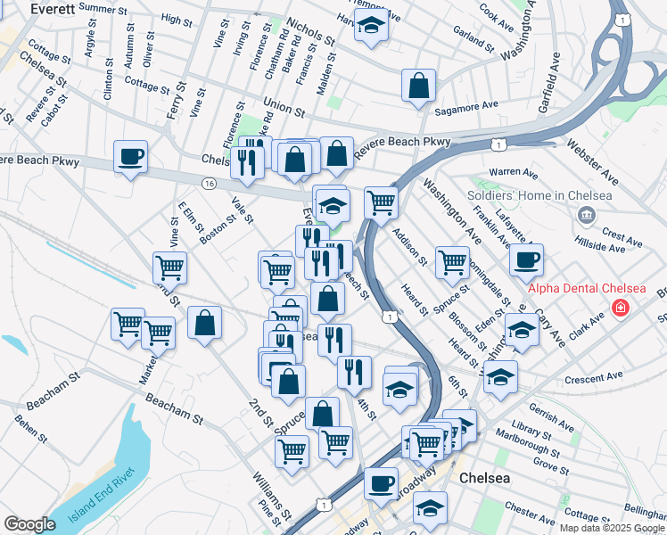 map of restaurants, bars, coffee shops, grocery stores, and more near 158 Carter Street in Chelsea
