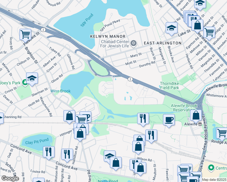 map of restaurants, bars, coffee shops, grocery stores, and more near Acorn Park Drive in Belmont