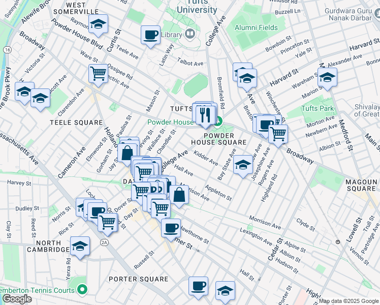 map of restaurants, bars, coffee shops, grocery stores, and more near 97 College Avenue in Somerville