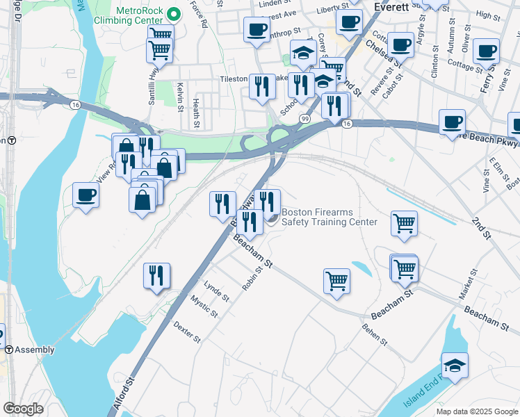 map of restaurants, bars, coffee shops, grocery stores, and more near 10 Langdon Street in Everett