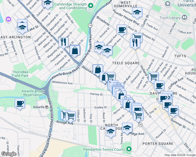 map of restaurants, bars, coffee shops, grocery stores, and more near 2512 Massachusetts Avenue in Cambridge