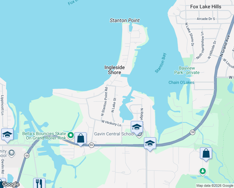 map of restaurants, bars, coffee shops, grocery stores, and more near 36859 North Lake Street in Lake County