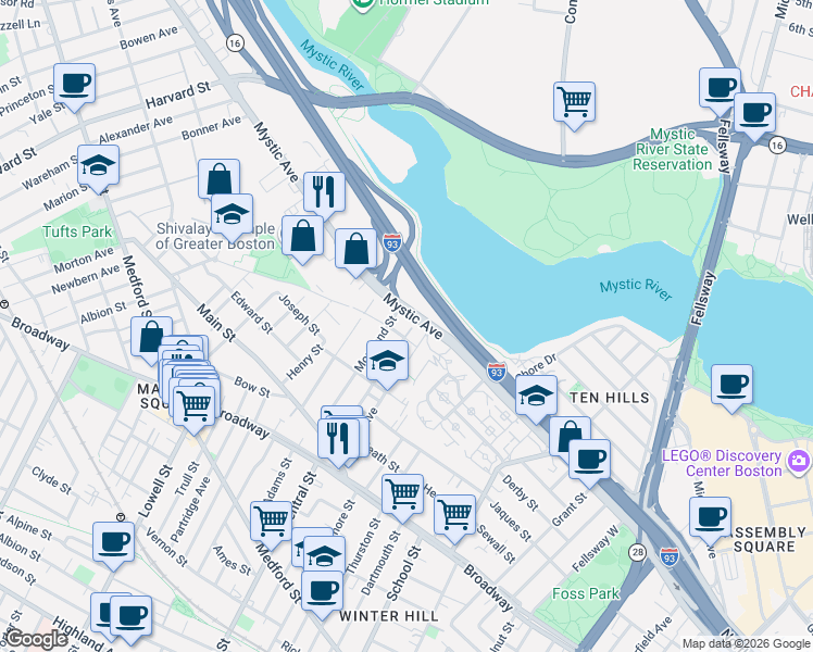 map of restaurants, bars, coffee shops, grocery stores, and more near 42 Ash Avenue in Somerville