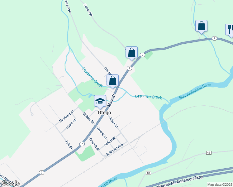 map of restaurants, bars, coffee shops, grocery stores, and more near 384 Main Street in Otego