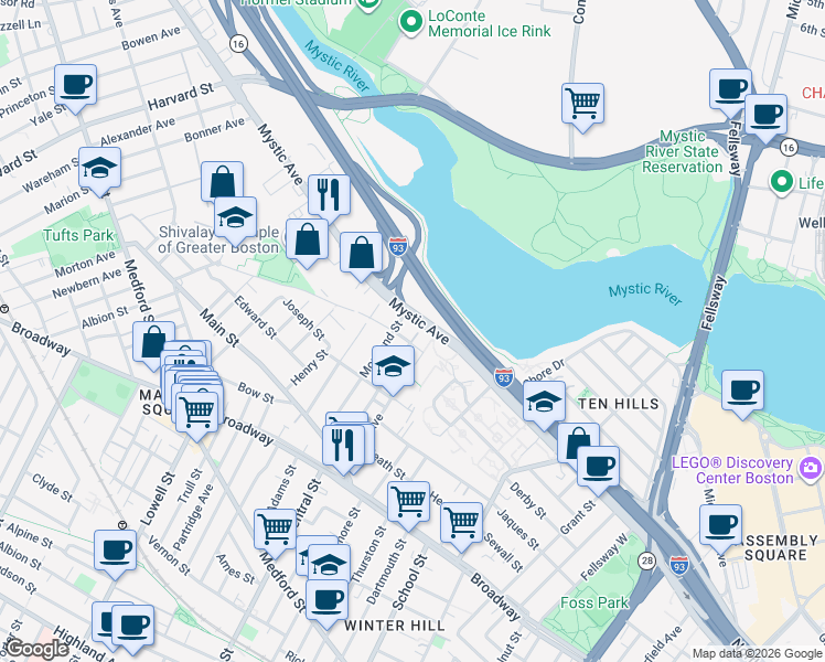 map of restaurants, bars, coffee shops, grocery stores, and more near 42 Ash Avenue in Somerville