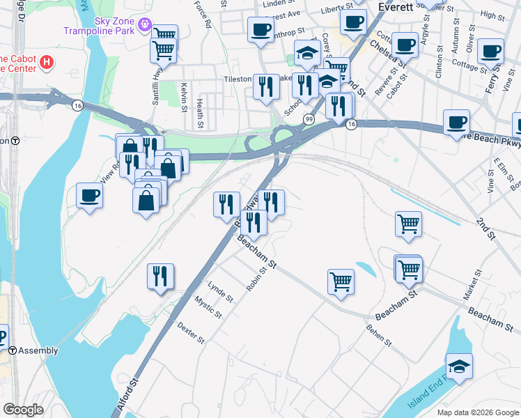 map of restaurants, bars, coffee shops, grocery stores, and more near 10 Langdon Street in Everett