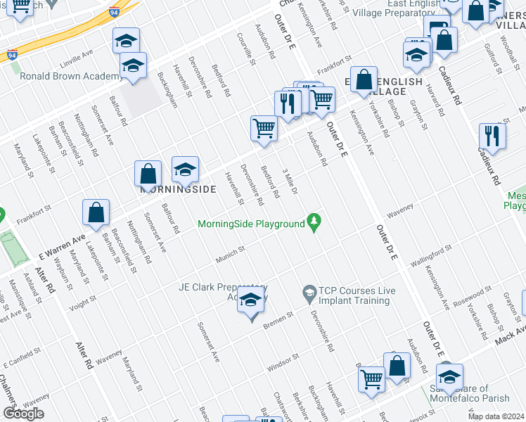 map of restaurants, bars, coffee shops, grocery stores, and more near 4677 Devonshire Rd in Detroit