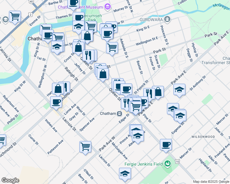 map of restaurants, bars, coffee shops, grocery stores, and more near 2 College Street in Chatham