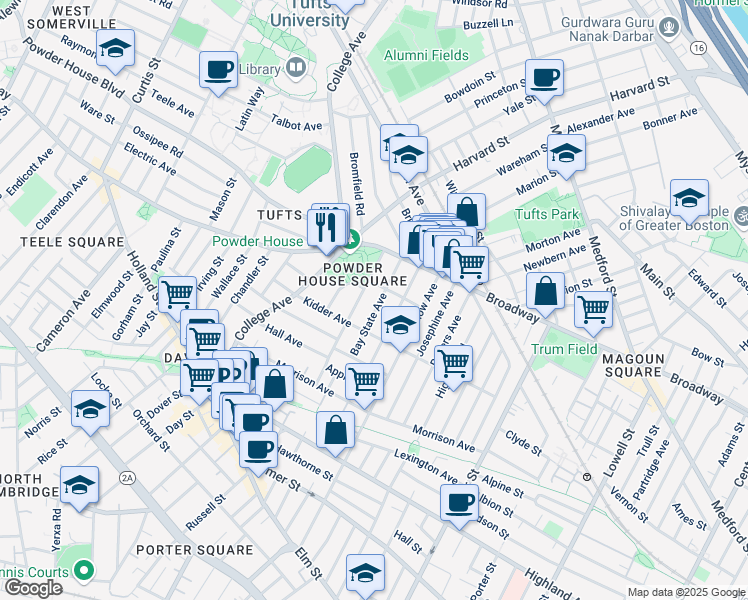map of restaurants, bars, coffee shops, grocery stores, and more near 46 Bay State Avenue in Somerville