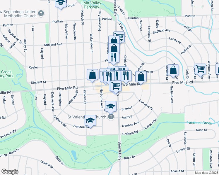 map of restaurants, bars, coffee shops, grocery stores, and more near 25817 Five Mile Road in Redford Charter Township