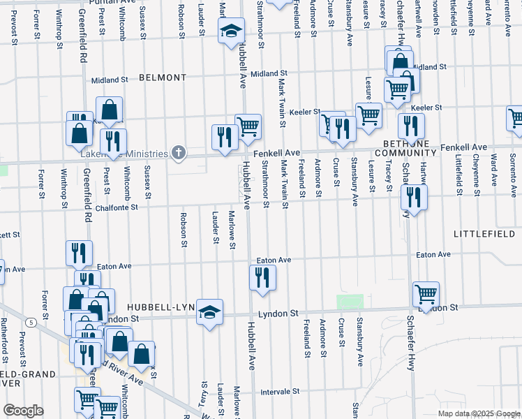 map of restaurants, bars, coffee shops, grocery stores, and more near 14934 Hubbell Avenue in Detroit