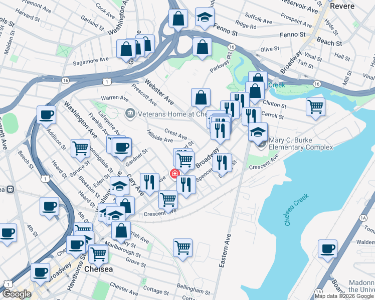 map of restaurants, bars, coffee shops, grocery stores, and more near 112 Clark Avenue in Chelsea