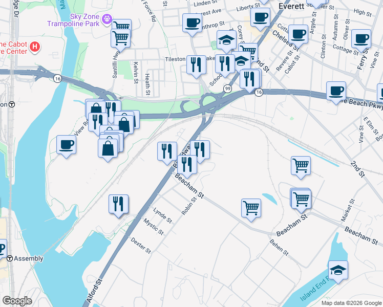 map of restaurants, bars, coffee shops, grocery stores, and more near 10 Langdon Street in Everett