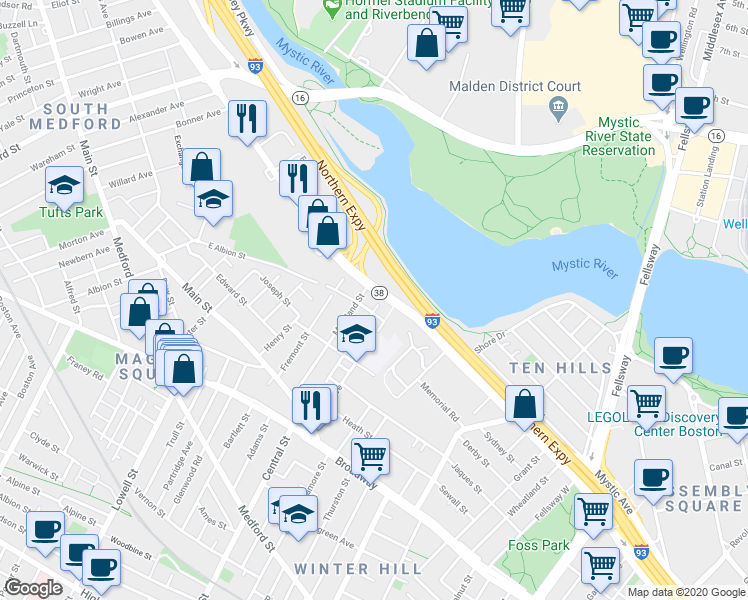 map of restaurants, bars, coffee shops, grocery stores, and more near 42 Ash Avenue in Somerville