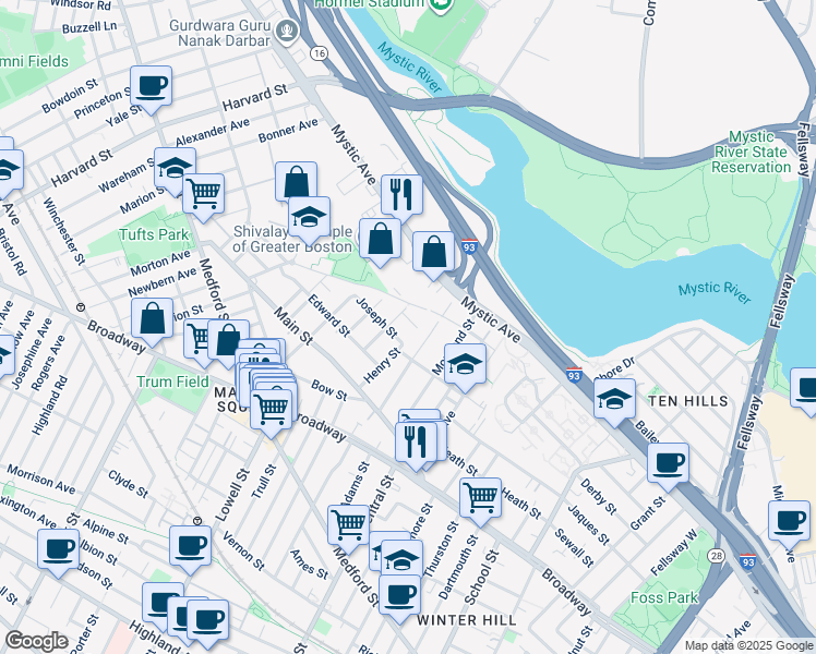 map of restaurants, bars, coffee shops, grocery stores, and more near 40 Joseph Street in Medford