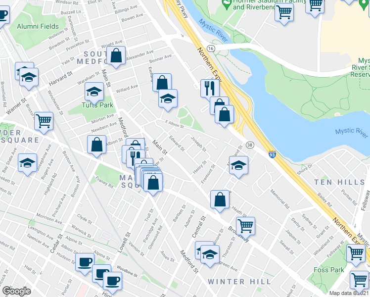 map of restaurants, bars, coffee shops, grocery stores, and more near 23 Edward Street in Medford