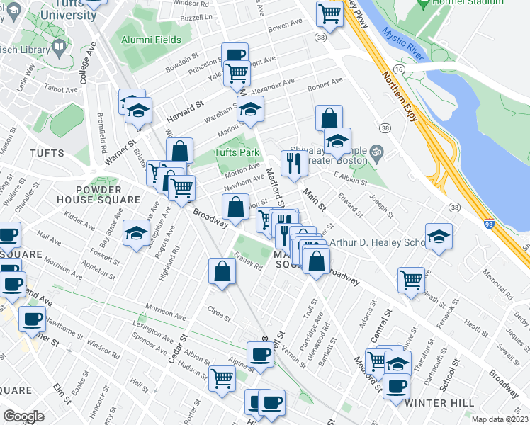 map of restaurants, bars, coffee shops, grocery stores, and more near 13 Winter Hill Road in Medford