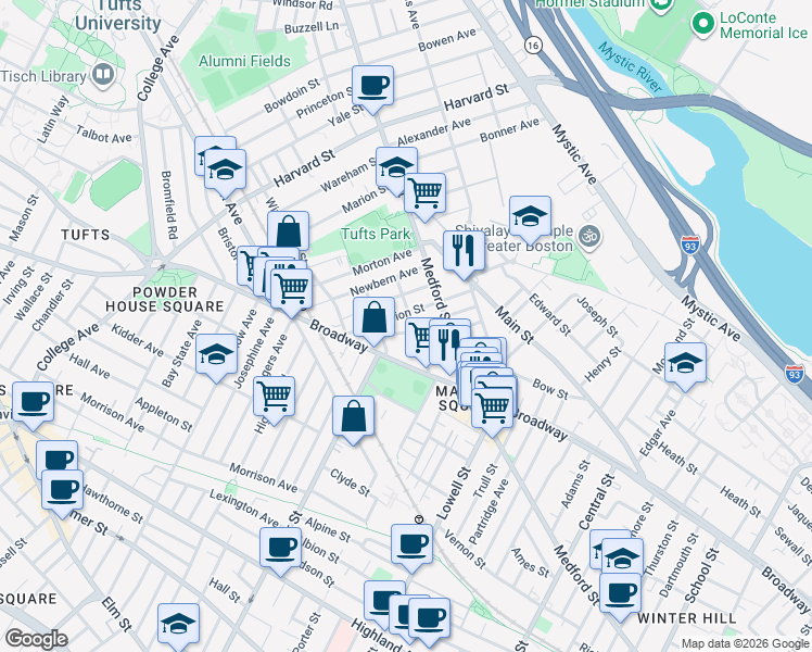 map of restaurants, bars, coffee shops, grocery stores, and more near 5 Alfred Terrace in Medford