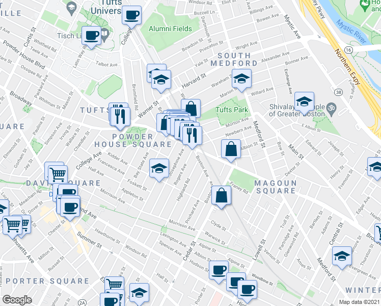 map of restaurants, bars, coffee shops, grocery stores, and more near 114 Rogers Avenue in Somerville