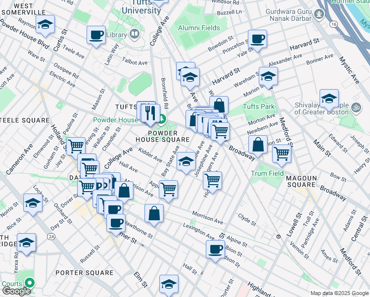 map of restaurants, bars, coffee shops, grocery stores, and more near 46 Bay State Avenue in Somerville