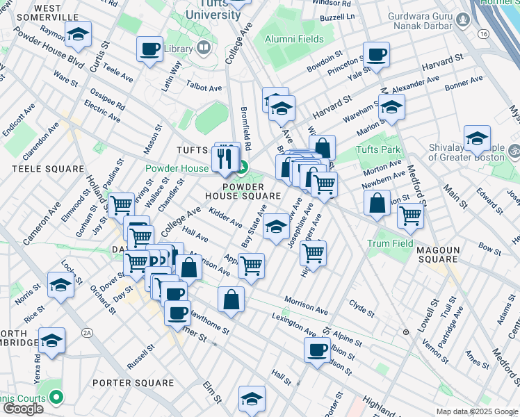 map of restaurants, bars, coffee shops, grocery stores, and more near 46 Bay State Avenue in Somerville