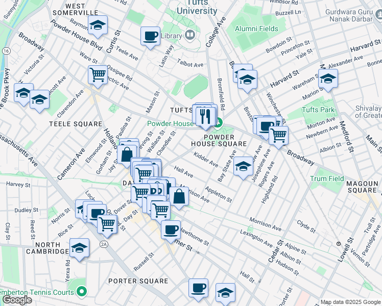 map of restaurants, bars, coffee shops, grocery stores, and more near 97 College Avenue in Somerville
