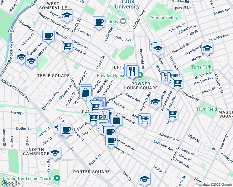 map of restaurants, bars, coffee shops, grocery stores, and more near 89 College Avenue in Somerville