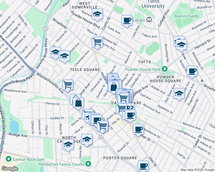map of restaurants, bars, coffee shops, grocery stores, and more near 20 Gorham Street in Somerville