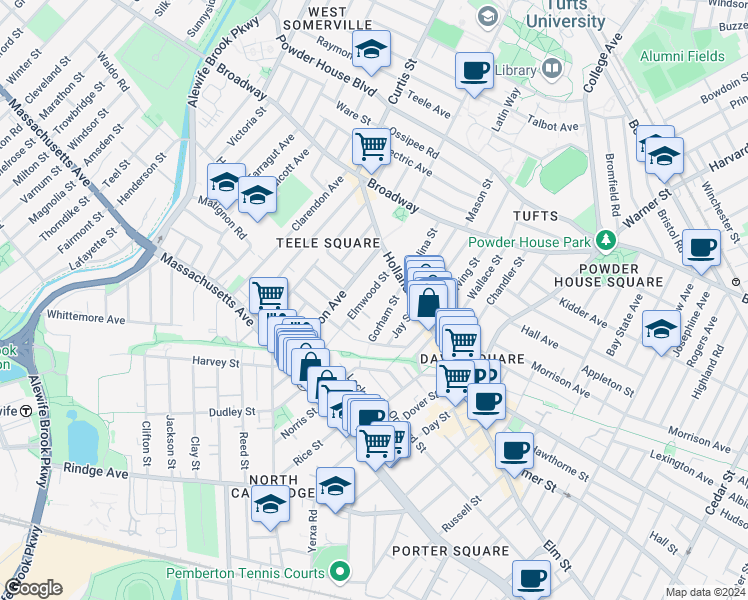 map of restaurants, bars, coffee shops, grocery stores, and more near 4A Elmwood Terrace in Somerville