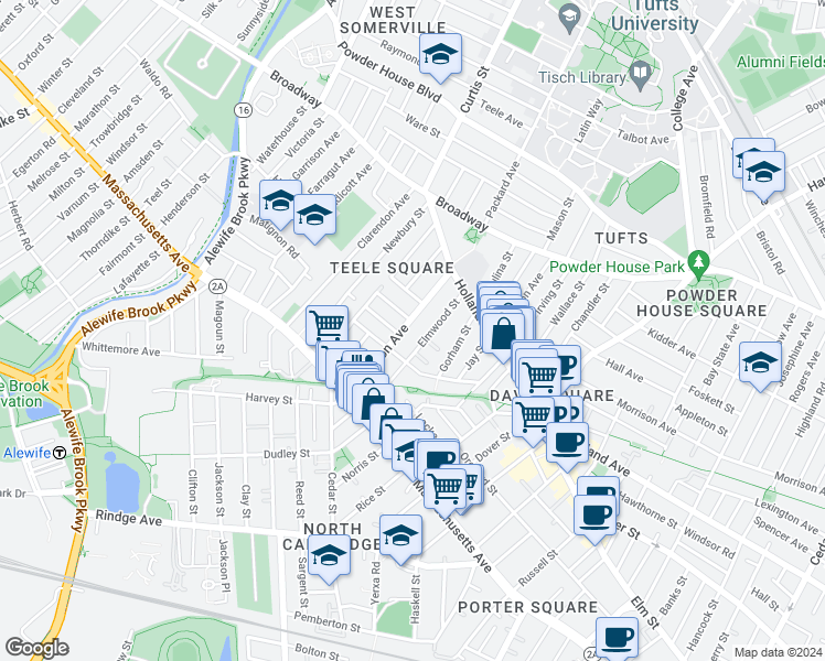 map of restaurants, bars, coffee shops, grocery stores, and more near 4A Elmwood Terrace in Somerville