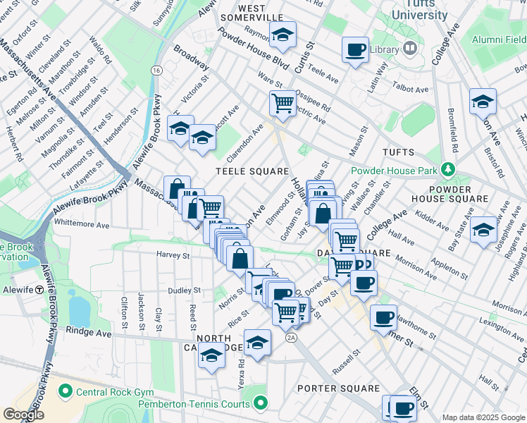 map of restaurants, bars, coffee shops, grocery stores, and more near 64 Cameron Avenue in Somerville