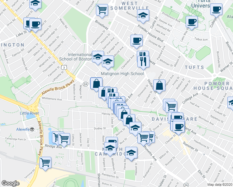 map of restaurants, bars, coffee shops, grocery stores, and more near 29 Camp Street in Cambridge