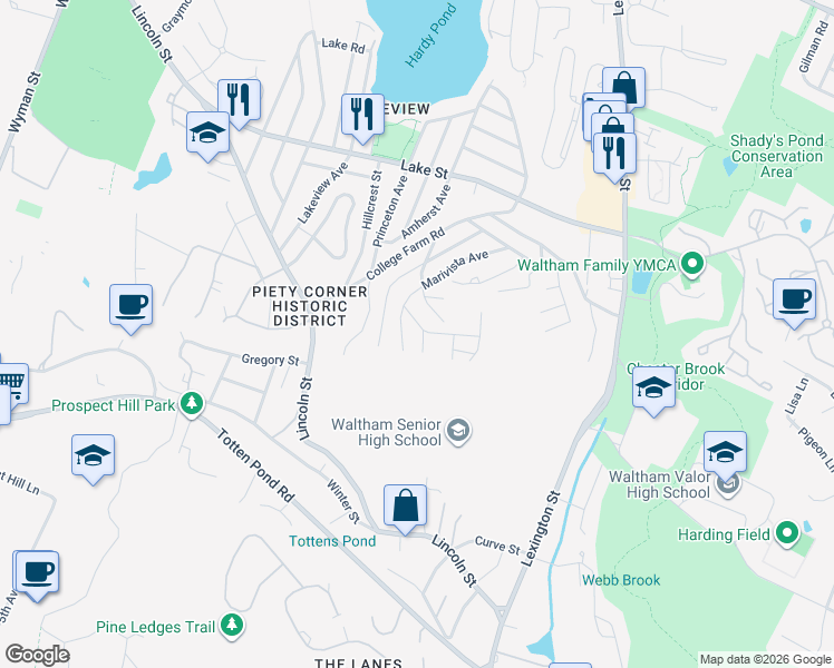 map of restaurants, bars, coffee shops, grocery stores, and more near 138 Marivista Avenue in Waltham