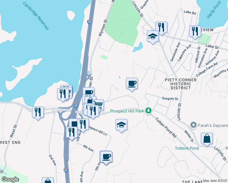 map of restaurants, bars, coffee shops, grocery stores, and more near 281 Winter Street in Waltham