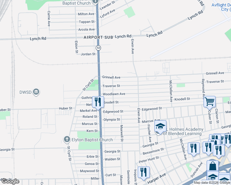 map of restaurants, bars, coffee shops, grocery stores, and more near 8120 Woodlawn Avenue in Detroit