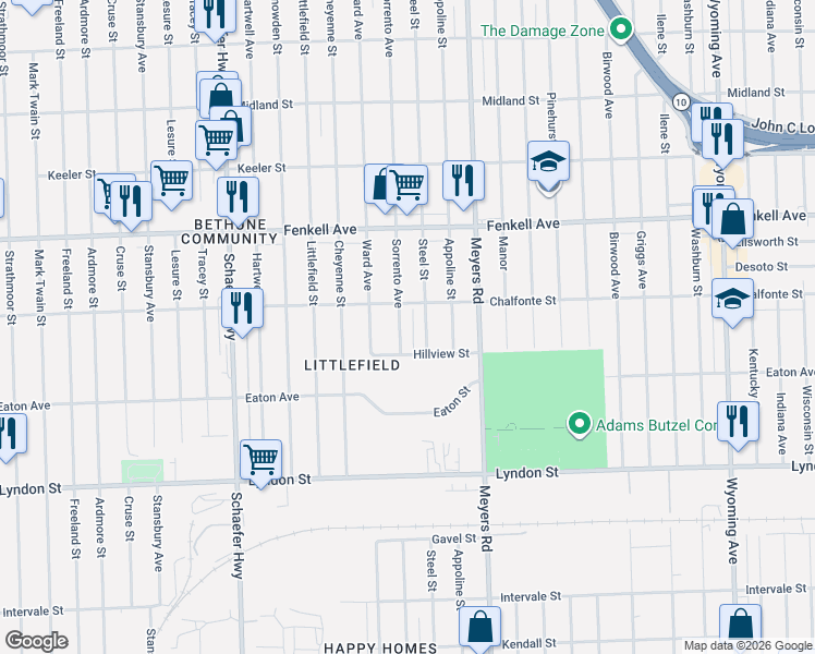 map of restaurants, bars, coffee shops, grocery stores, and more near 14892 Sorrento Avenue in Detroit