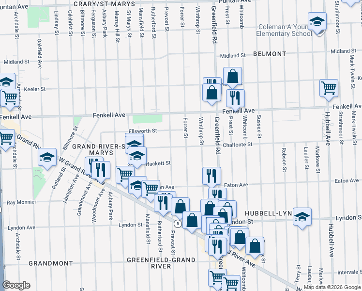map of restaurants, bars, coffee shops, grocery stores, and more near 14965 Forrer Street in Detroit